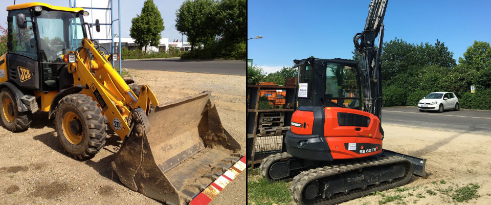 JCB-Radlader und ein EUROCOMACH-Bagger auf dem Mietplatz von LöWa.